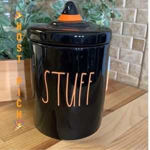RAE DUNN BLACK “STUFF” LL CANISTER W/WITCH HAT LID